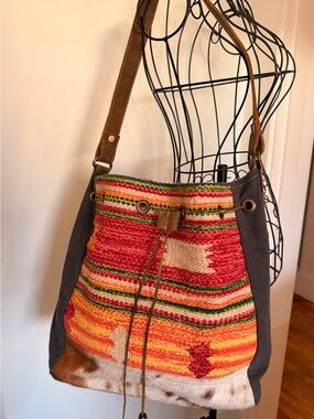 Myra Bag Multicolor Woven Drawstring Shoulder Bag with Brown Leather Strap